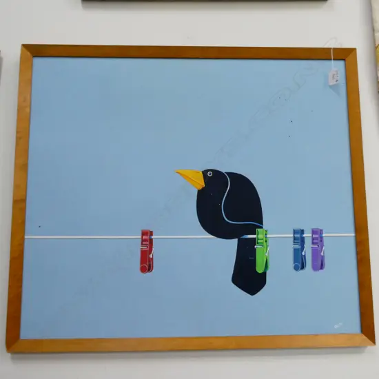 	ACRYLIC PAINTING BY 'CAT. M' BLACK BIRD ON CLOTHES LINE