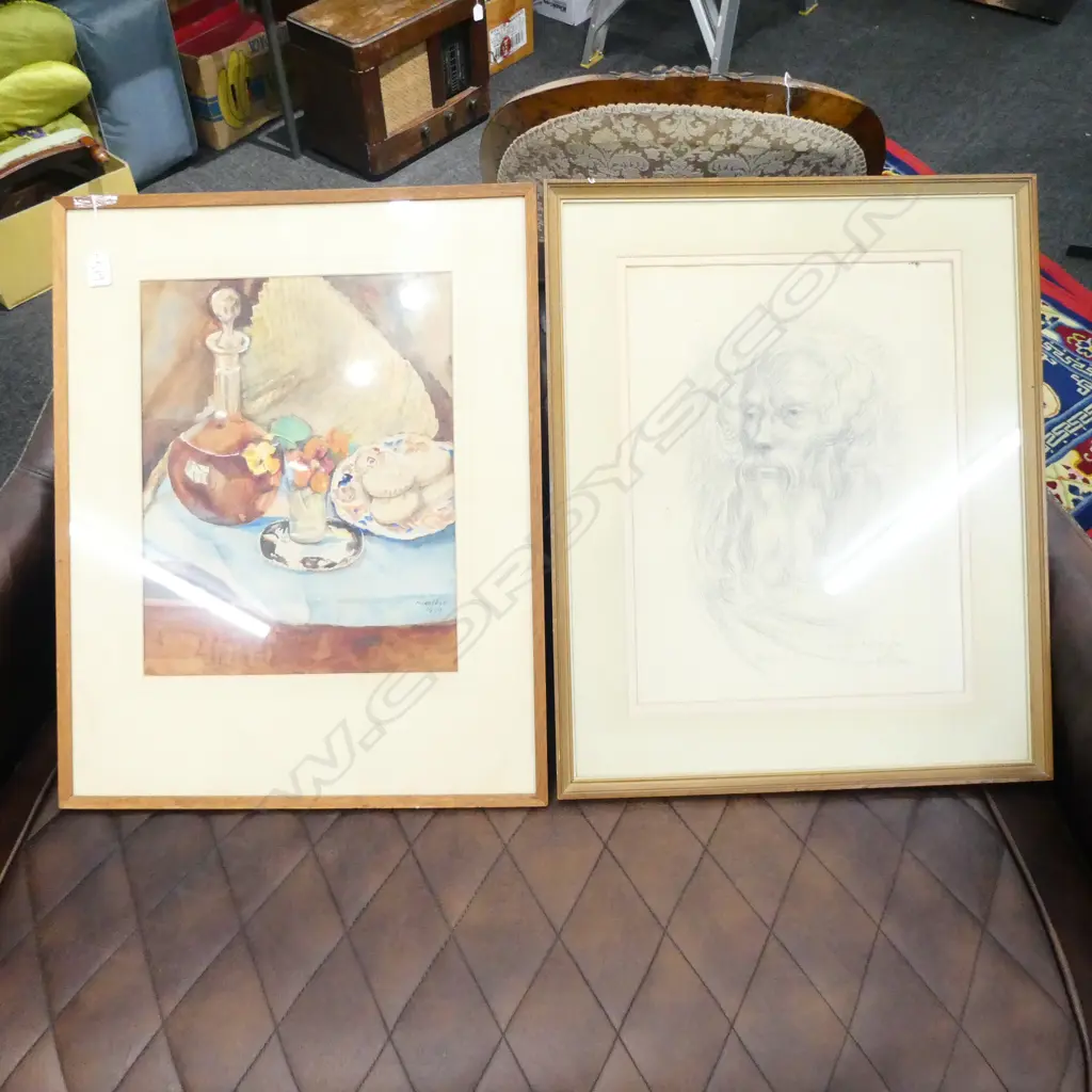 PENCIL DRAWING 'WIG FOR KING LEAR' + M WALKER W/C STILL LIFE 1939 625 X 500MM Image 1++