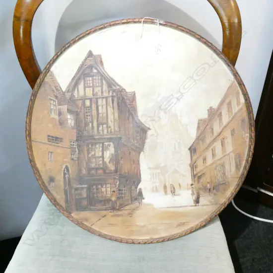 CIRCULAR POKERWORK & PAINTED PANEL OF ROUEN STREET SCENE, SIGNED VERSO ROWENHILL, DATED c.1914