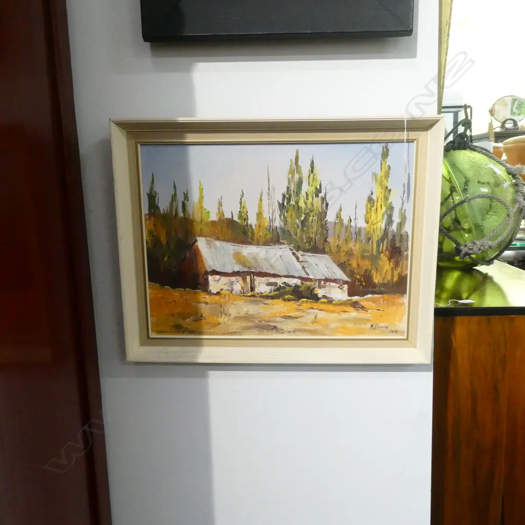 CHARLES MCKENZIE, OIL ON BOARD "CHINESE GOLDMINERS) BUILDINGS AT BUTCHERS DAM, CENTRAL OTAGO", 29X39CM Image 1++