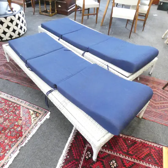 PR DEDON OUTDOOR PNEUMATIC SUN LOUNGERS SHOWING AGE L. 1950MM + BLUE CUSHIONS