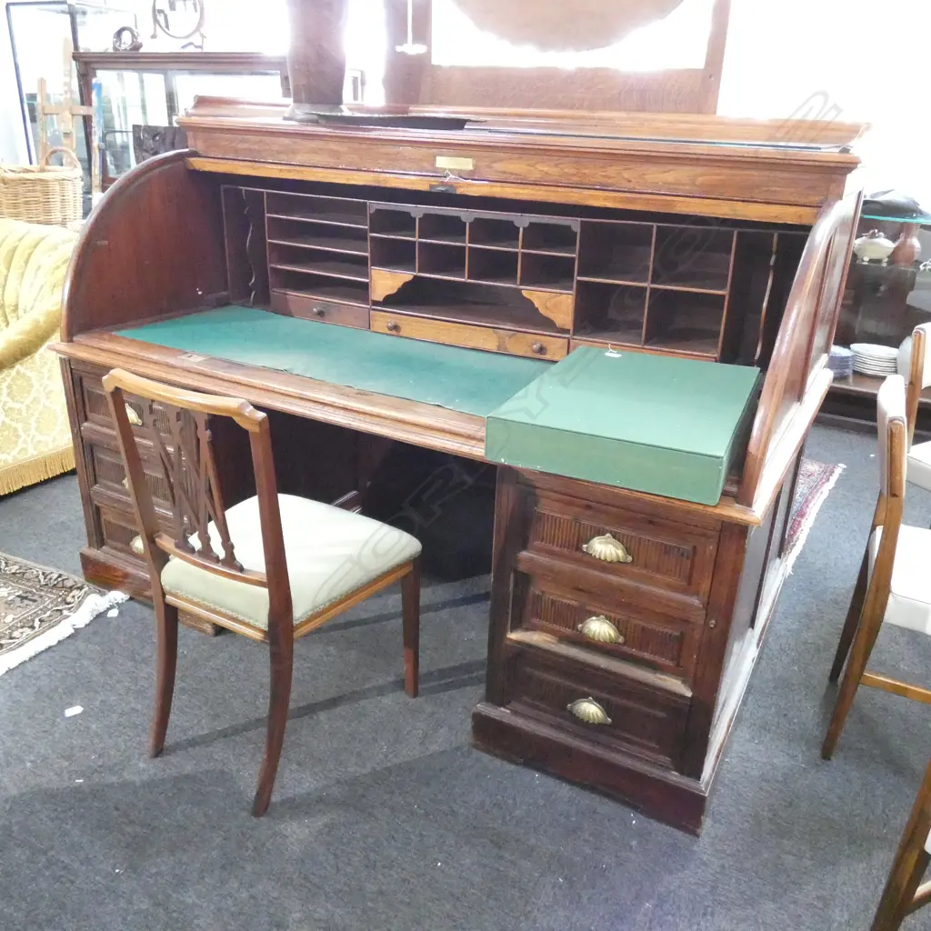 OLD MAHOG. TWIN PEDESTAL ROLL TOP DESK W. 1810MM D. 1065MM Image 1++