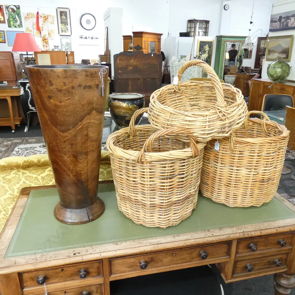 WOODEN UMBRELLA STAND SMALL CRACK TO BASE H. 610MM + 3 CANE BASKETS Image 1++