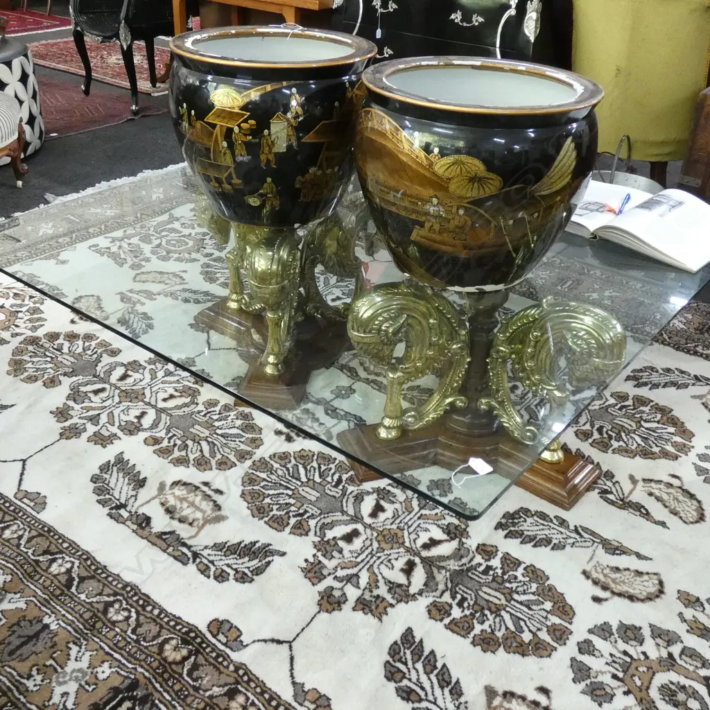 GLASS TOP COFFEE TABLE WITH 2 GILDED AND MAHOGANY SUPPORTS 1390 SQ Image 1++