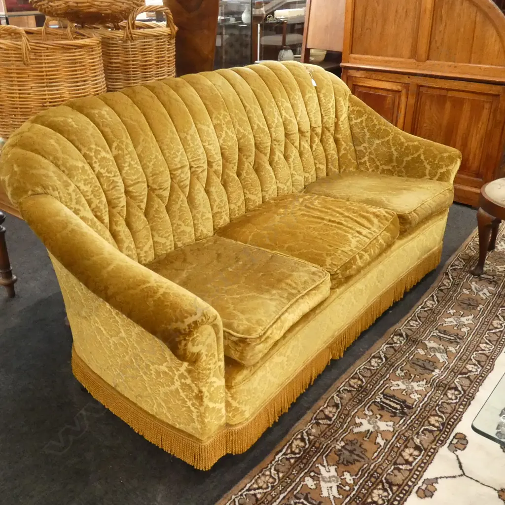 BUTTON BACK VELVET FRINGED COUCH + 1 CHAIR Image 1++