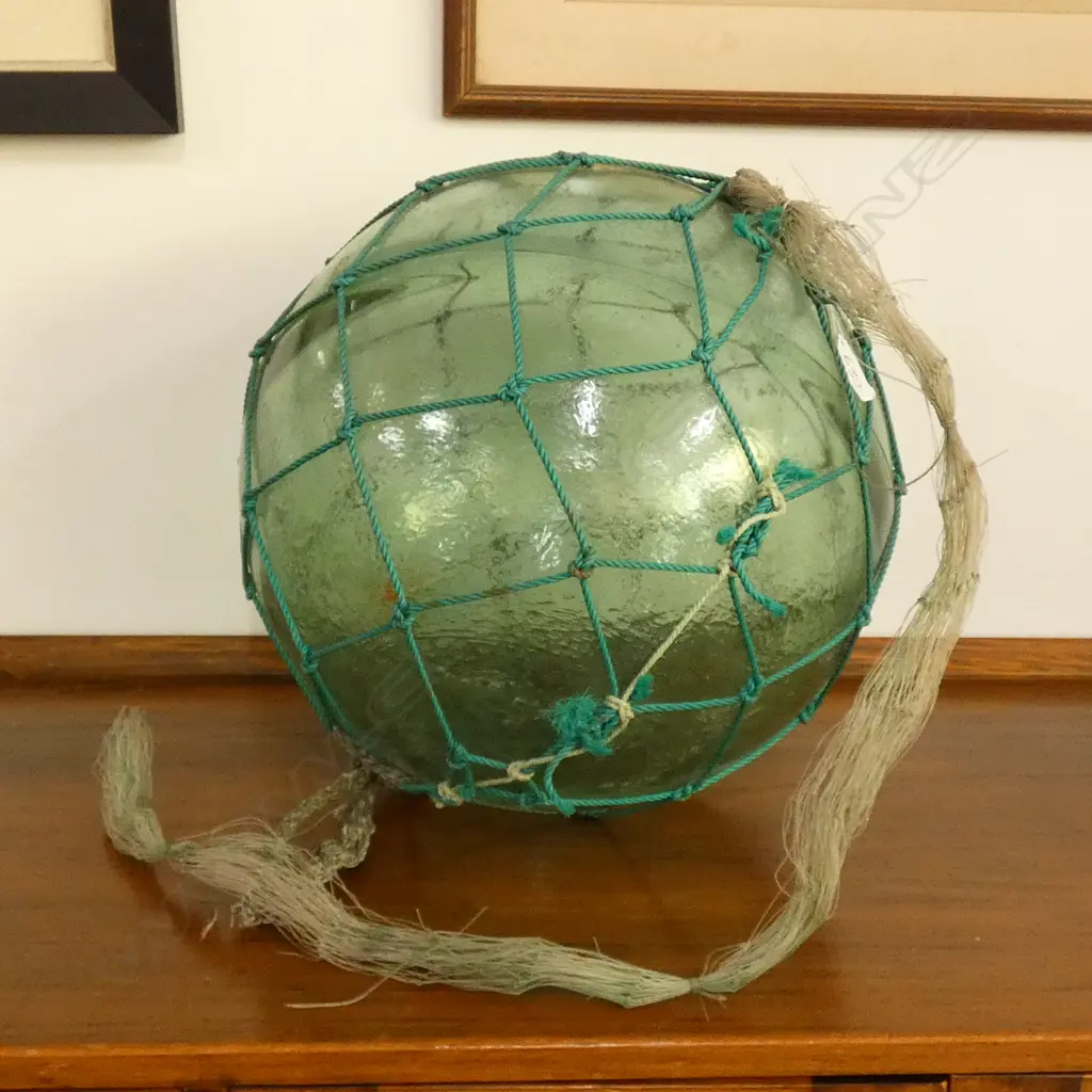 OLD LARGE GLASS FISHING FLOAT WITH NETTING Dia.380mm Image 1++