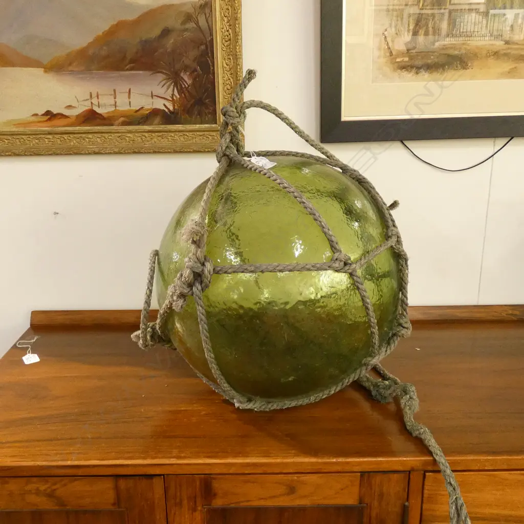 OLD LARGE GLASS FISHING FLOAT WITH NETTING Dia.380mm Image 1++