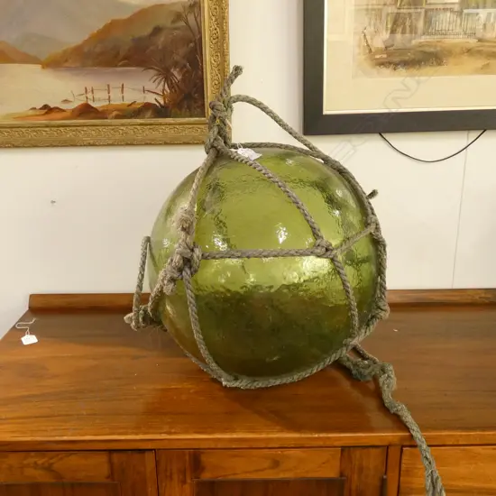 OLD LARGE GLASS FISHING FLOAT WITH NETTING Dia.380mm