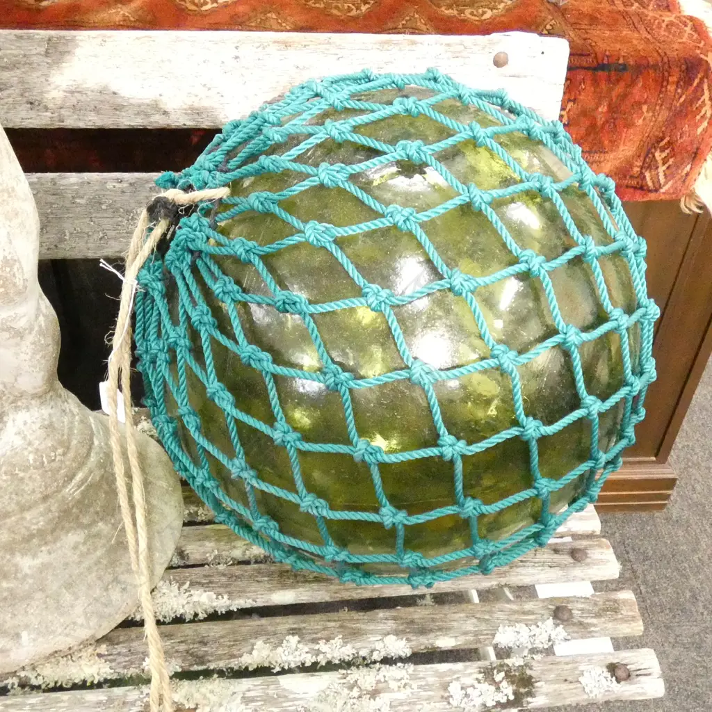 OLD LARGE GLASS FISHING FLOAT WITH NETTING Dia.410mm Image 1++