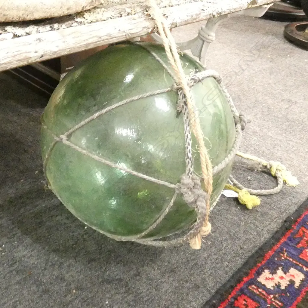 OLD LARGE GLASS FISHING FLOAT WITH NETTING Dia.370mm Image 1++