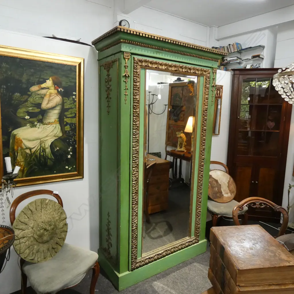 GREEN AND GILT WARDROBE WITH BEVELLED MIRROR H. 2040 W. 1140MM Image 1++