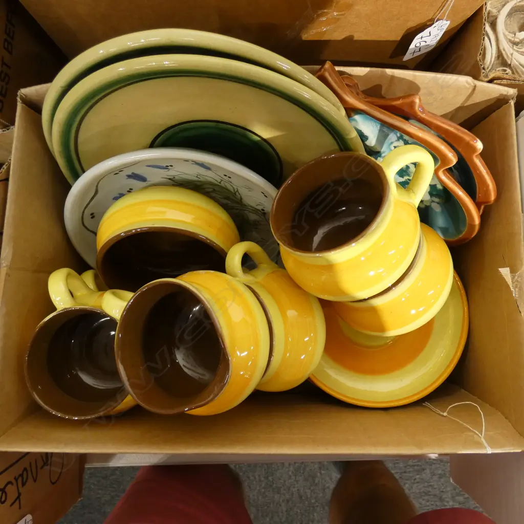 ASST. POTTERY: YELLOW STRIPED TEA SET ETC Image 1++