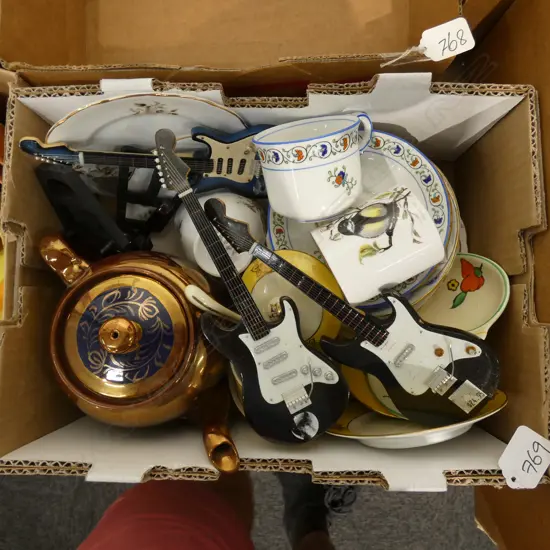 BOX LOT ASST CHINA; TEAPOT, GUITARS ETC
