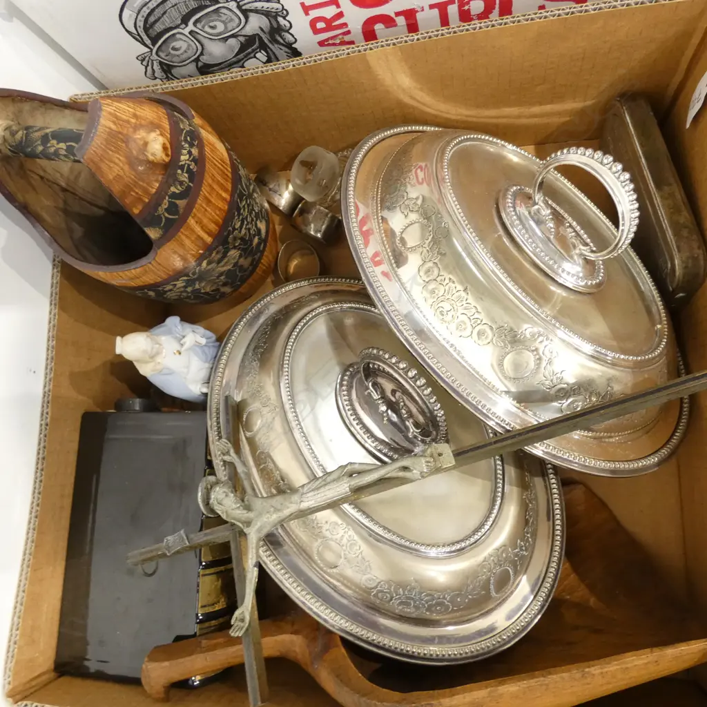 BOX LOT EPNS, JESUS ON CROSS, BARREL, FAUX BOOK DECANTERS ETC Image 1++