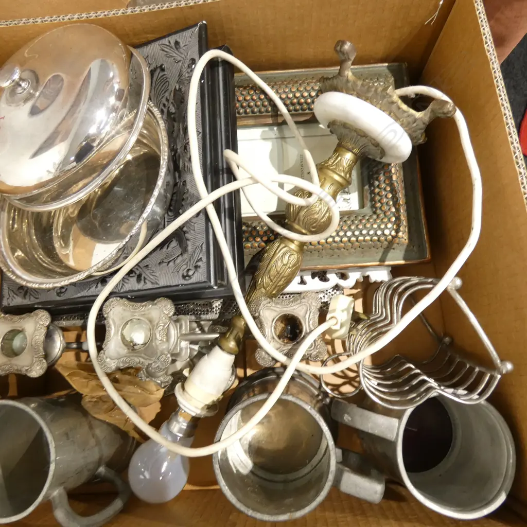 BOX LOT FRAMES, BRASS LAMP BASE, MUGS ETC Image 1++