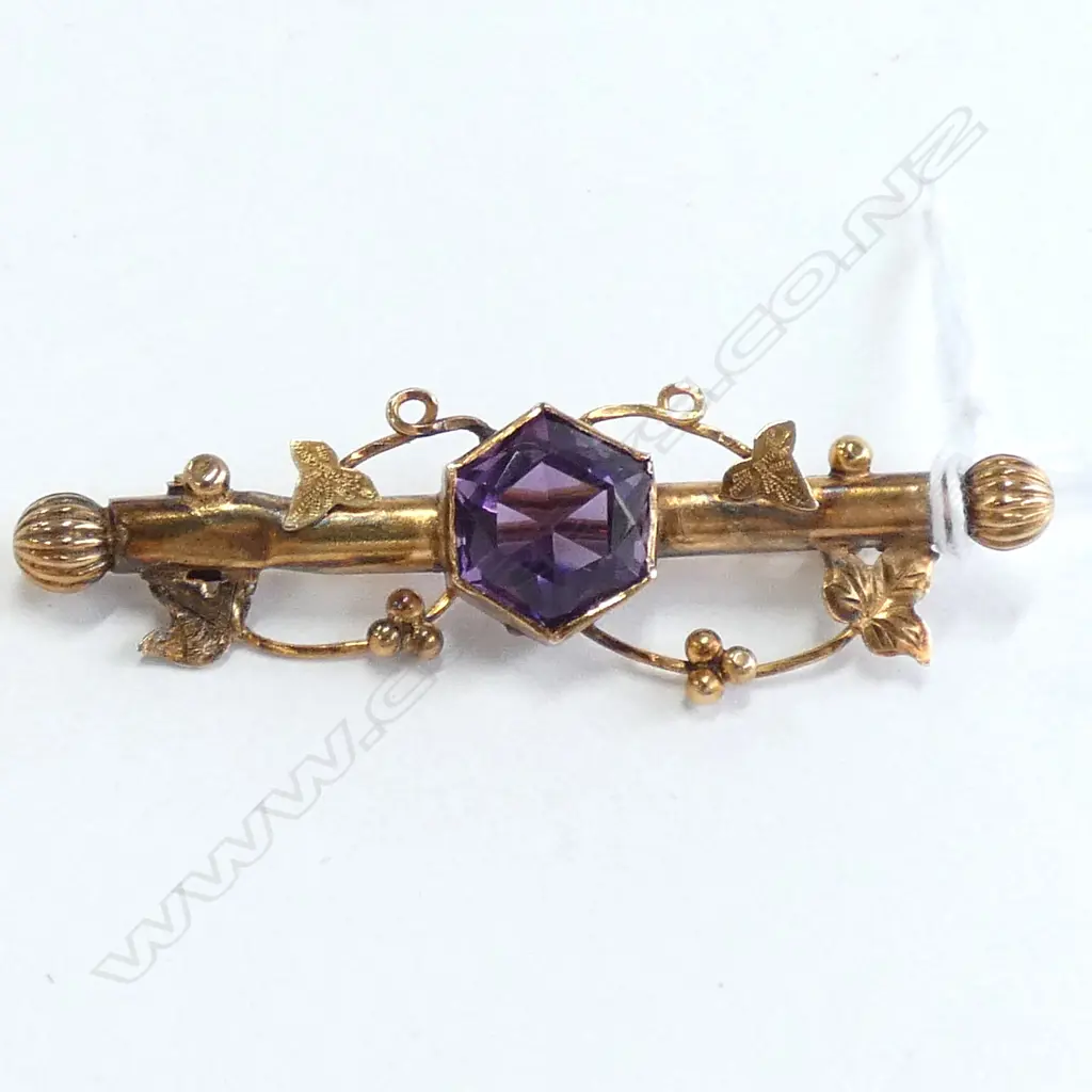 1905 CHESTER 9CT AMETHYST BAR BROOCH BOXED Image 1++