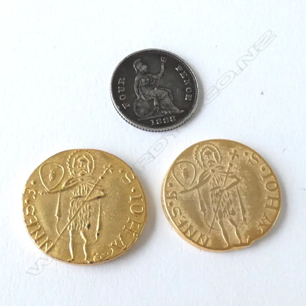 1888 BRITISH FOUR PENNY PIECE AND TWO PILGRIM MEDALS Image 1++