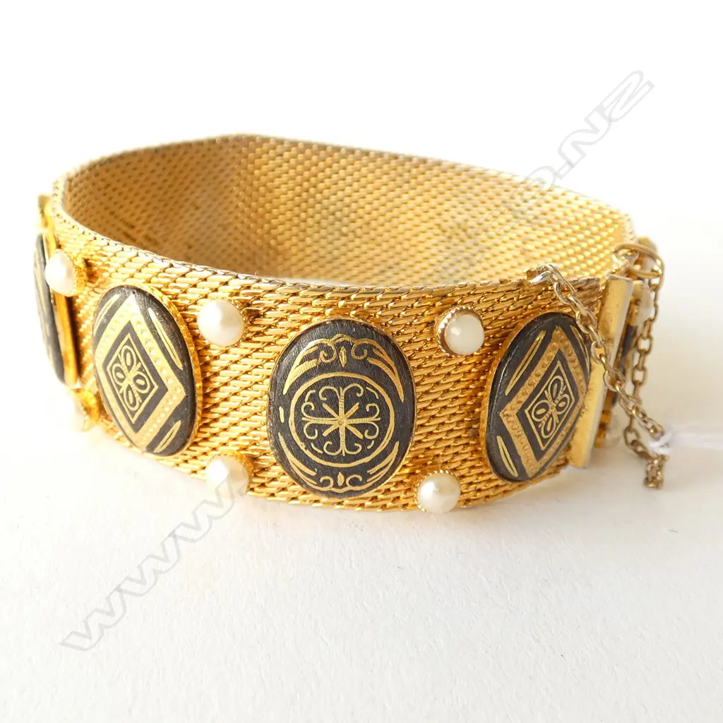 G/PLATE SIMULATED PEARL MESH BRACELET, MADE IN SPAIN Image 1++