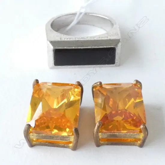 .925 SILVER RING SET WITH ONYX, MARKED EMPORIO ARMANI, PLUS 2 FAUX CITRINES