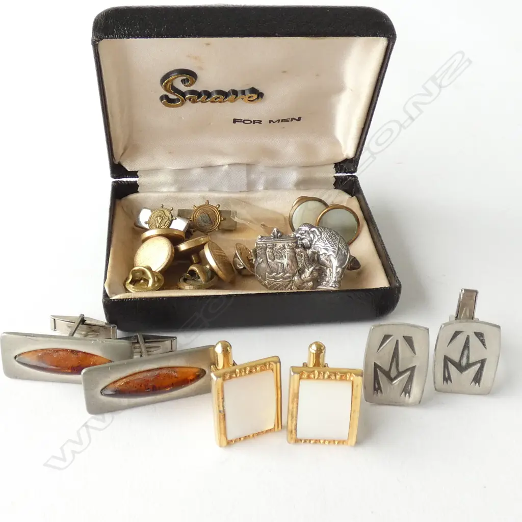 5 CUFFLINKS INCL. ROLLED GOLD & JORGEN JENSEN PEWTER+ ASST STUDS & PINS Image 1++