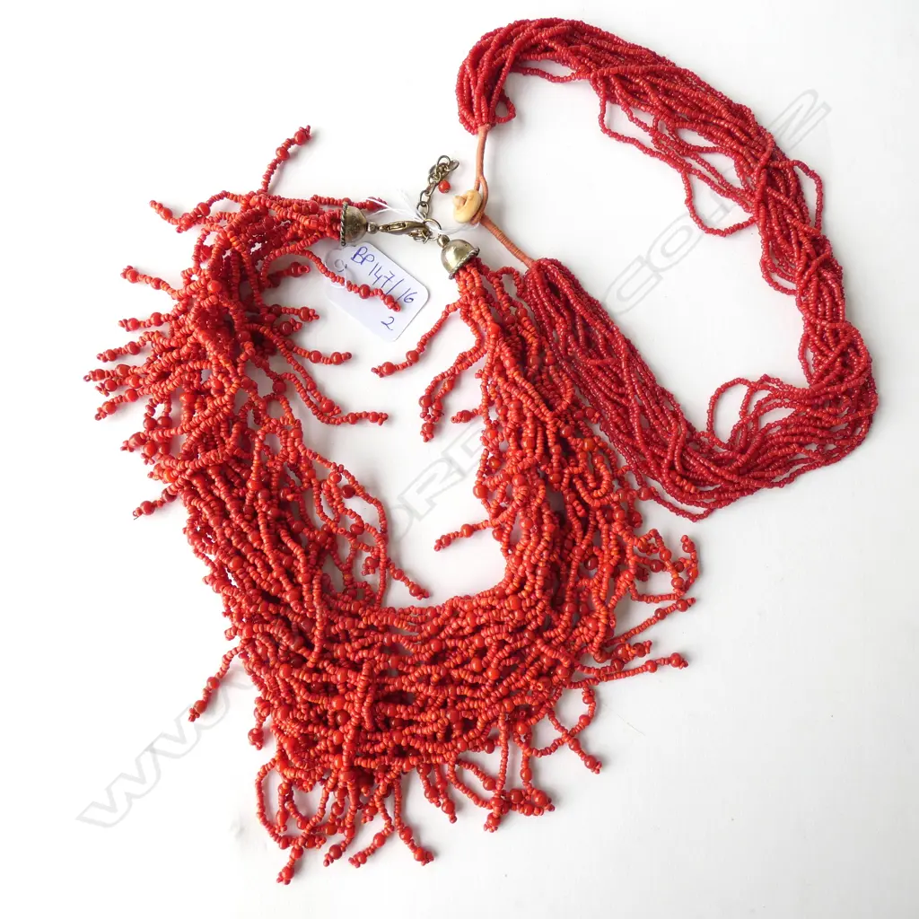 2 RED BEADED COSTUME NECKLACES Image 1++