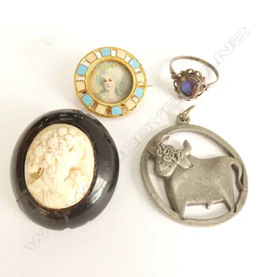 CAMEO, ENAMEL BROOCH, STG RING, GEORGE JENSEN PEWTER PENDANT