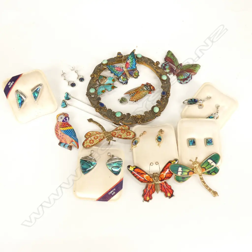 ASST. TIN PCES, BROOCHES ONE STG, JEWELLED FRAME, PAUA PCES ETC Image 1++