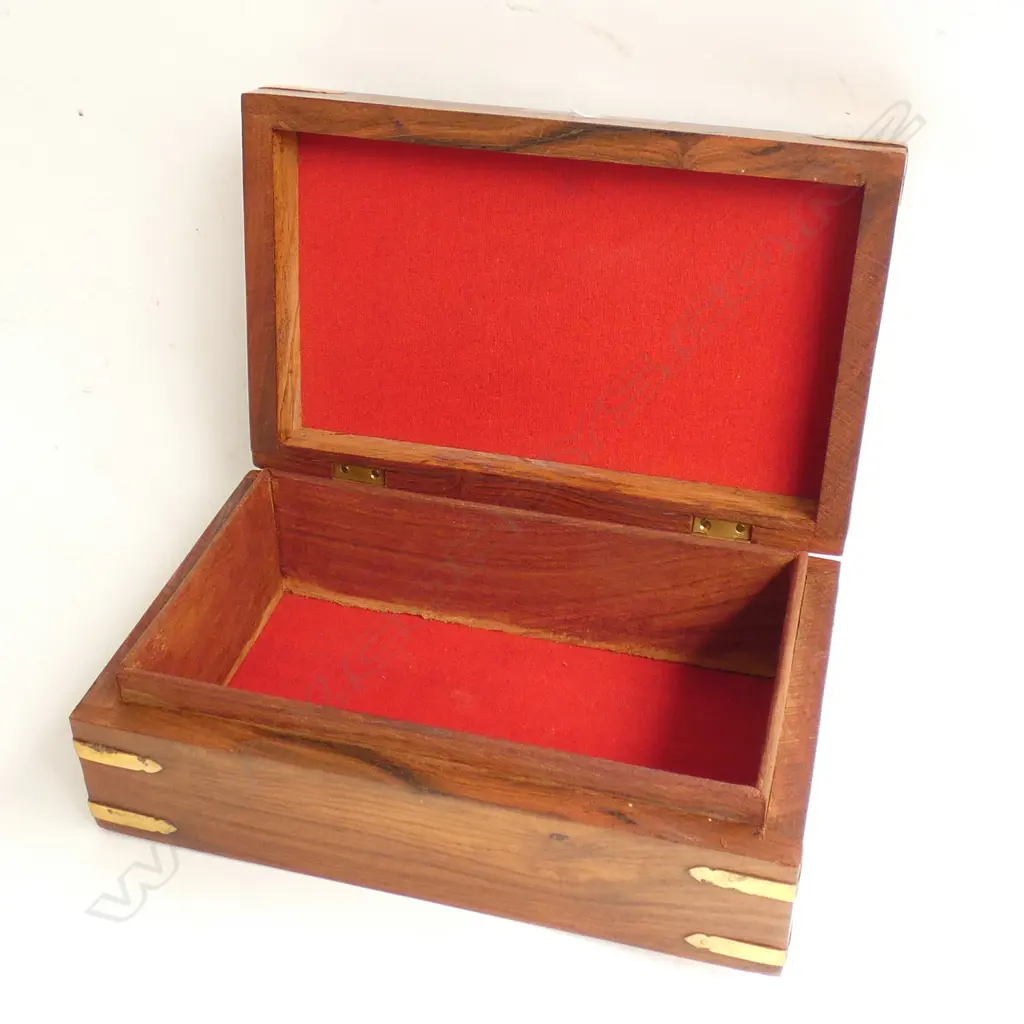 CARVED WOODEN JEWELLERY BOX BRASS INLAY L. 200MM  Image 1++