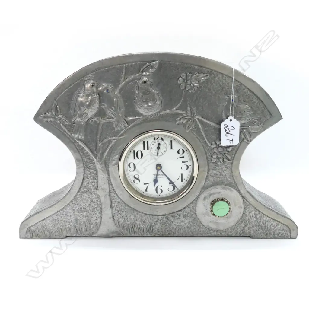 ARTS & CRAFTS PEWTER CLOCK EMBOSSED BIRDS Image 1++