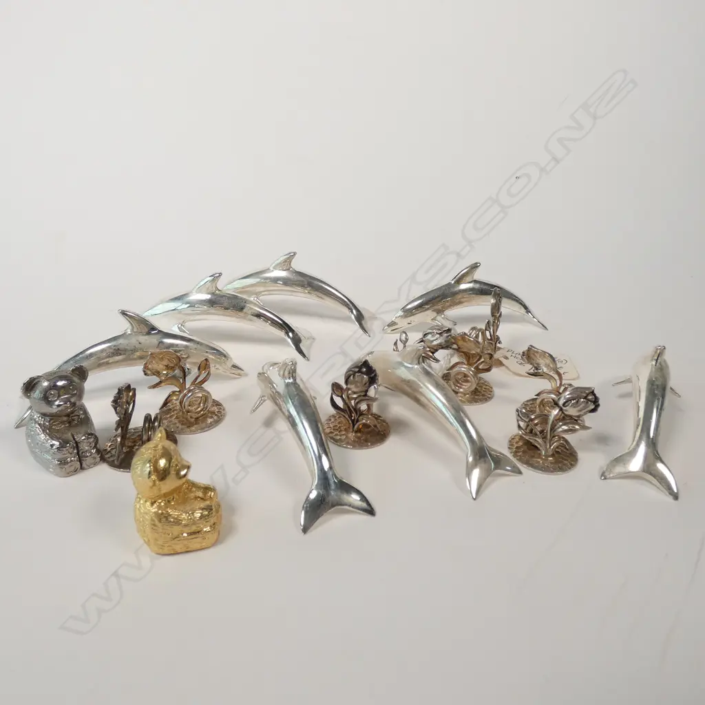 7 SILVER PLATED DOLPHINS + 2 TEDDIES (UNTESTED) + 8 SIL PLATE PLACE NAME HOLDERS Image 1++