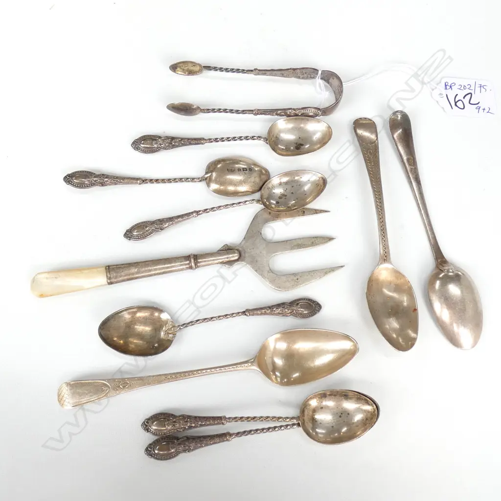 9 STG SILVER TEA SPOONS + TONGS AND FORK TOTAL WEIGHT 111 GRAMS Image 1++
