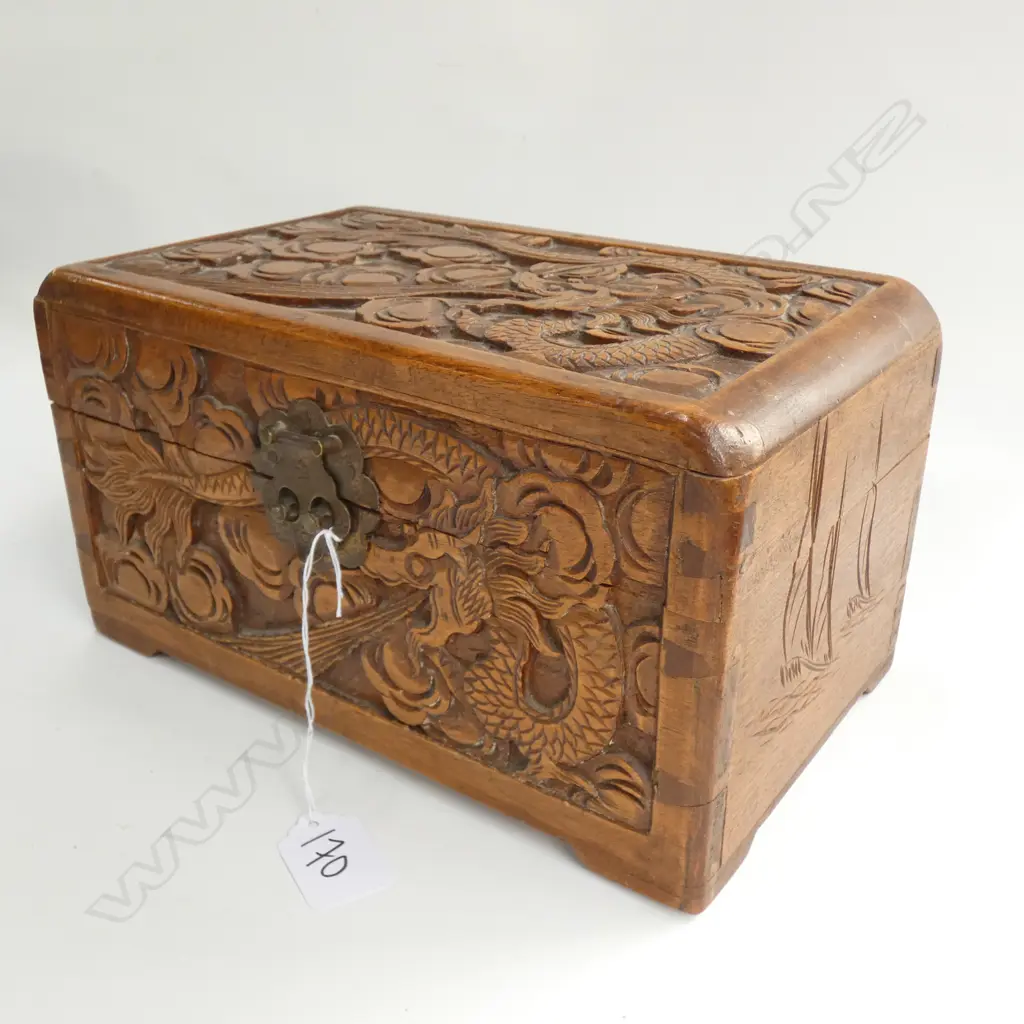 COLLECTION OF NOTES AND COINS IN SMALL CAMPHOR BOX  Image 1++