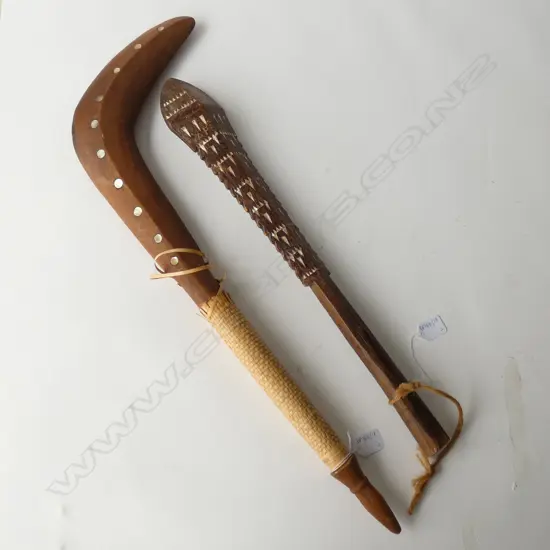 2 WOODEN TRIBAL PCES; CLUB AND INLAID HOOK L. 750MM