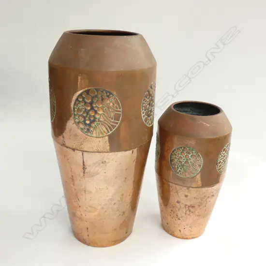 A GOOD PR OF GRADUATING W.M.F COPPER VASES