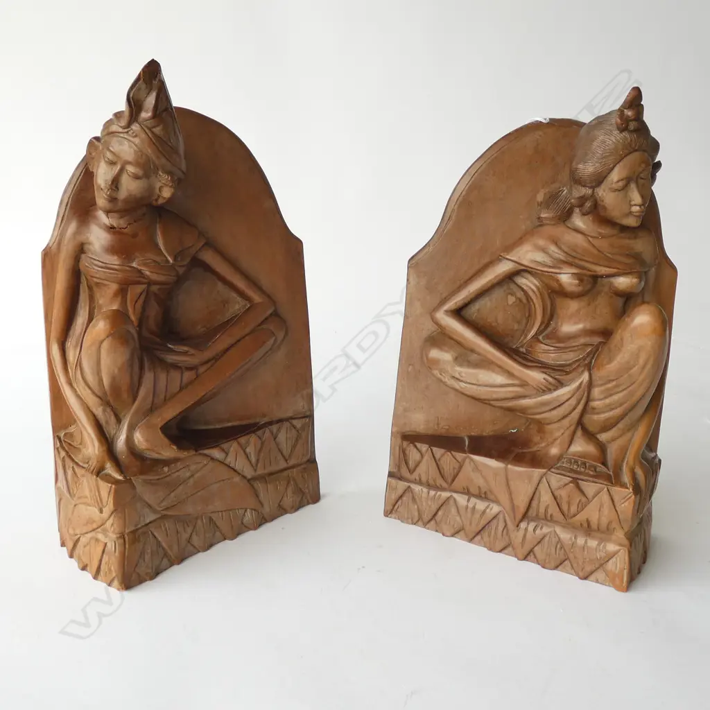 PR CARVED WOODEN INDONESIAN LADY BOOKENDS H. 320MM, ONE CHIPPED Image 1++