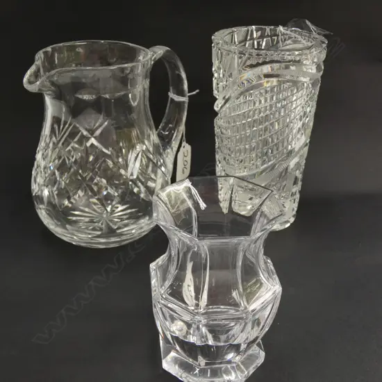 CRYSTAL VASES x 2 + JUG