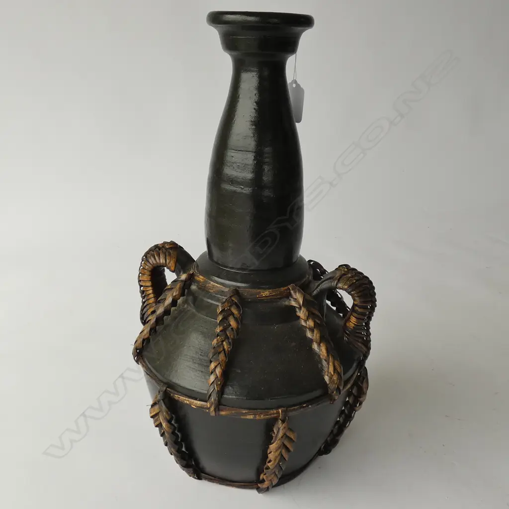 LARGE POTTERY URN BLACK GLAZE & CANE DETAIL HT 410 MM Image 1++