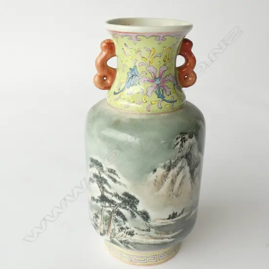 OREINTAL VASE WITH PAINTED MOUNTAINOUS SCENE 210MM HIGH