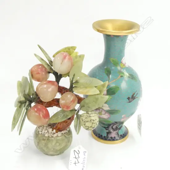 CHINESE HARD STONE ORNAMENT + CLOISONNE VASE