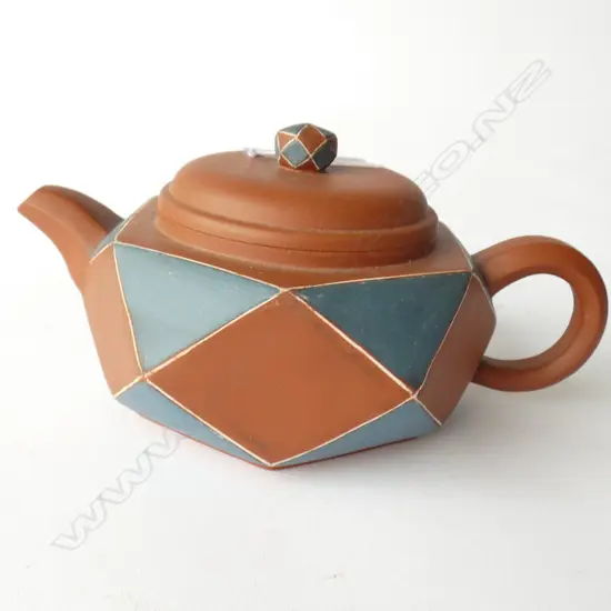 ZHISHA REDWARE TEAPOT WITH FACETED WALLS, STAMPED SEAL MARK