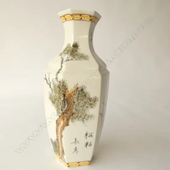 OREINTAL HEXAGONAL VASE WITH PAINTED BLOSSOM H.350mm