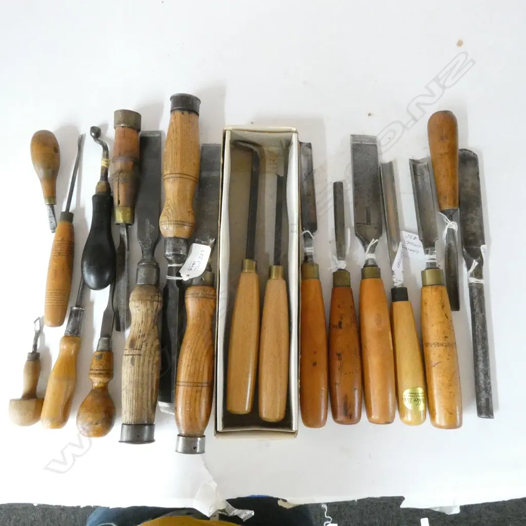 APPROX 14 CARVING GOUGES/CHISELS, PLUS SMALL SCREWDRIVERS & EBONY HANDLE SWAN-NECK TURNSCREW Image 1++