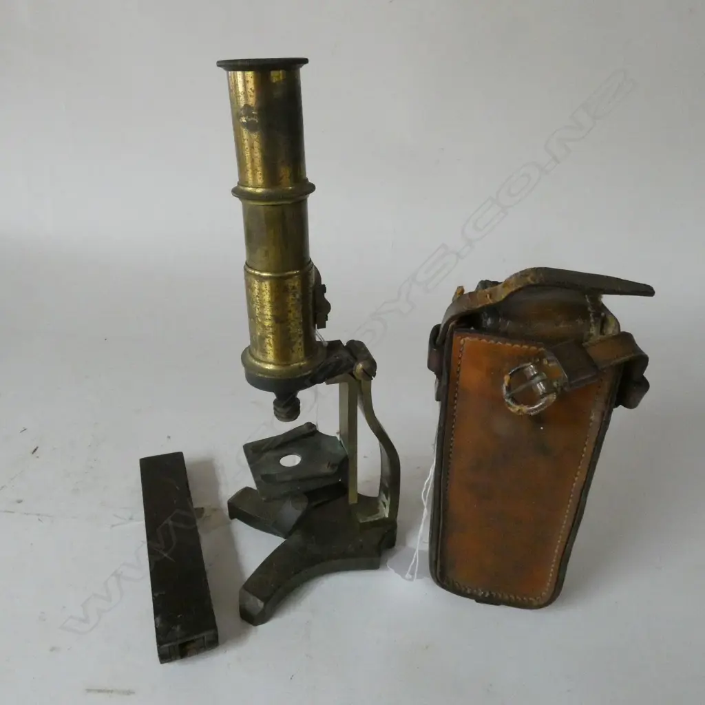 BRASS MICROSCOPE, FOLDING BALANCE & OLD LEATHER CASE (3) Image 1++