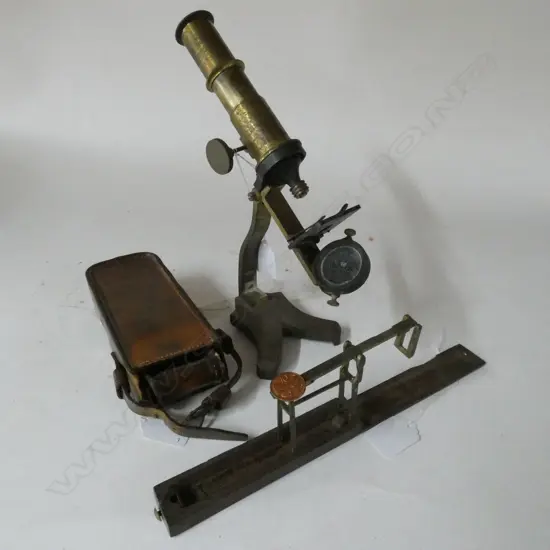 BRASS MICROSCOPE, FOLDING BALANCE & OLD LEATHER CASE (3)