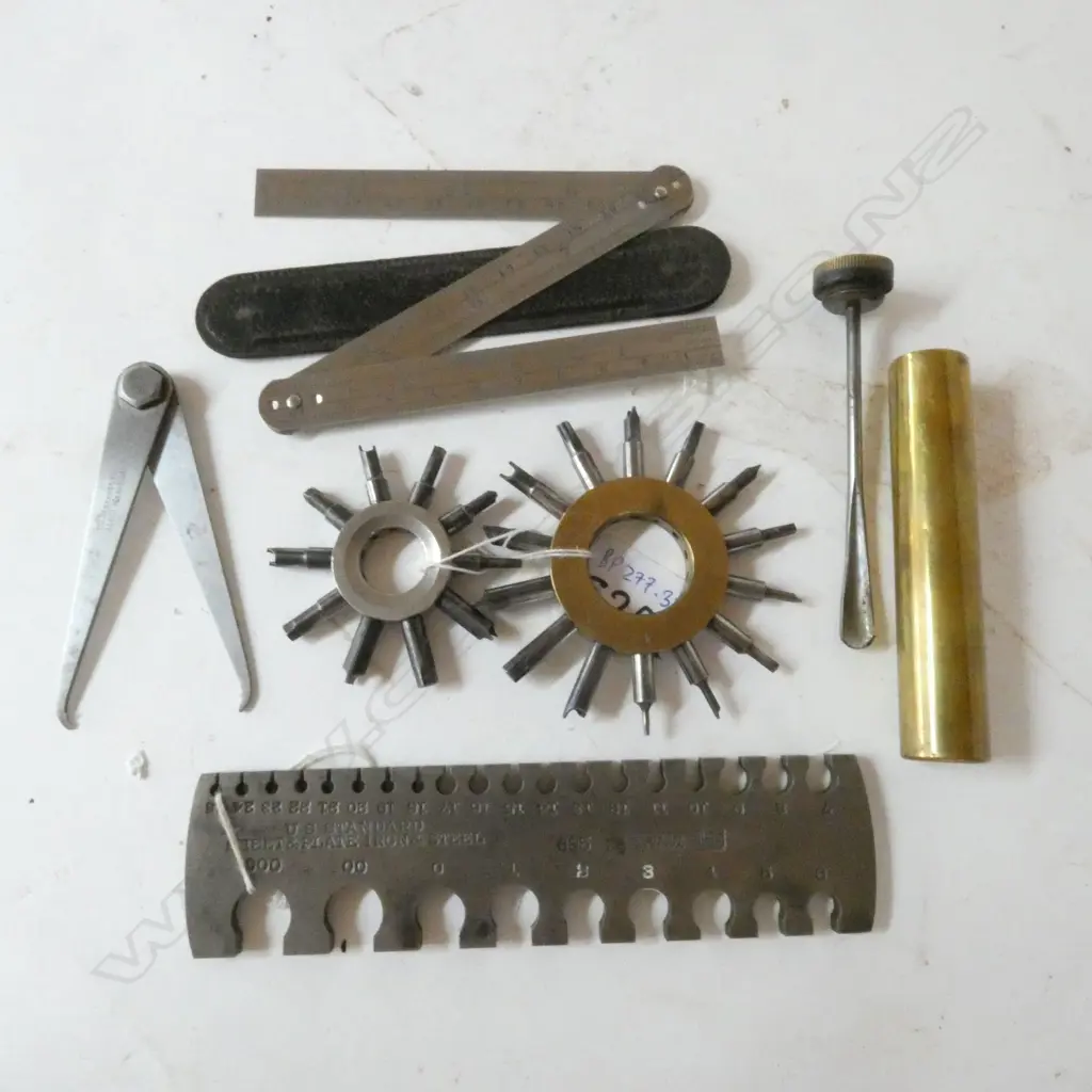 2 BUN NUT INSTRUMENT MAKERS TOOLS; CROWN & SHARPE SHEET & PLATE STEEL GAUGE; ENGINEERS RULE & CALIPERS, OIL DISPENSER Image 1++