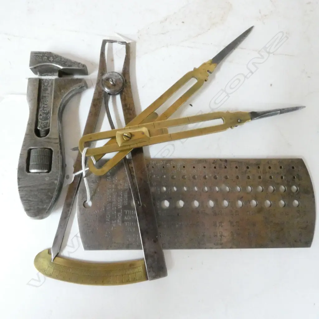 FRENCH BRASS/STEEL DOUZIEME GAUGE, PR BRASS SECTIONAL DIVIDERS, STARRETT DRILL & WIRE GAUGE, 4" BRITISH STEEL WRENCH (4) Image 1++