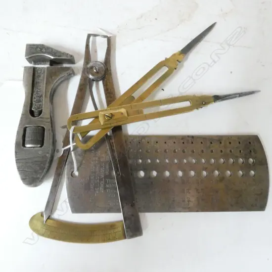 FRENCH BRASS/STEEL DOUZIEME GAUGE, PR BRASS SECTIONAL DIVIDERS, STARRETT DRILL & WIRE GAUGE, 4" BRITISH STEEL WRENCH (4)