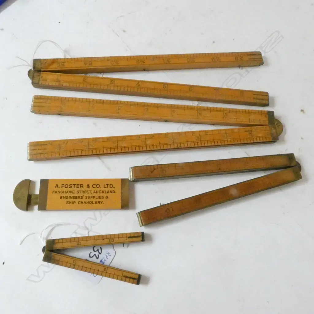 2 RABONE 36" 4-FOLD, STANLEY 12" (No.65) & 24" (No.62) 4-FOLD RULES, & 3" ADVERTISING CALIPER RULE (4) Image 1++