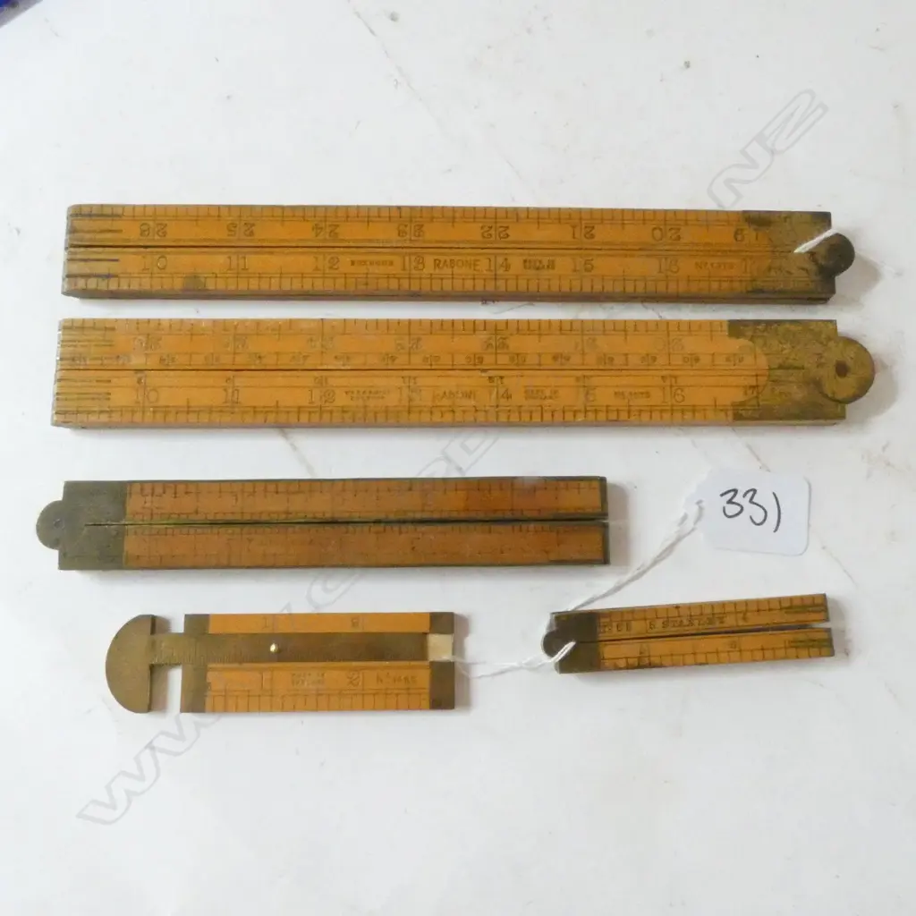 2 RABONE 36" 4-FOLD, STANLEY 12" (No.65) & 24" (No.62) 4-FOLD RULES, & 3" ADVERTISING CALIPER RULE (4) Image 1++