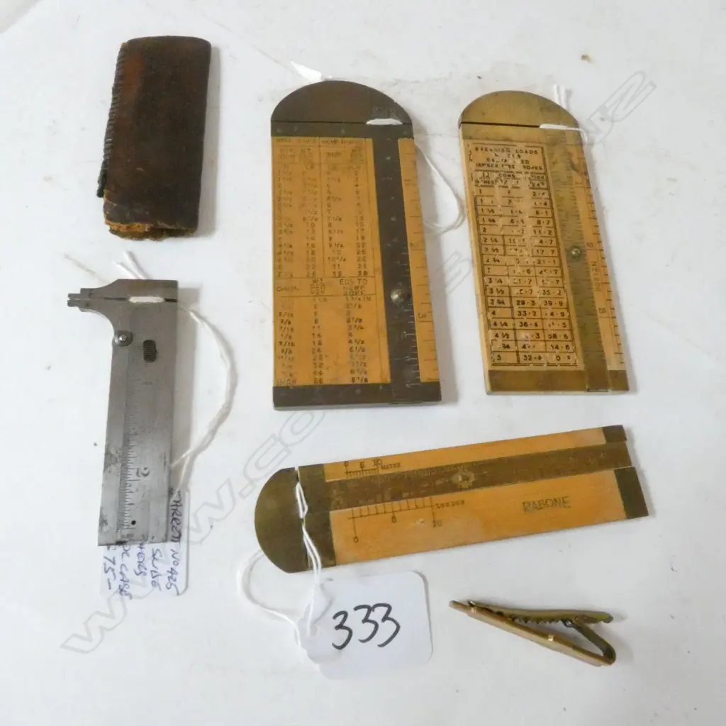 2 ROPE 4" CALIPER RULES, RABONE 4" BOXWOOD CALIPER RULE, STARRETT SLIDE CALIPER & BRASS SLIDE RULE TIE CLIP (4) Image 1++